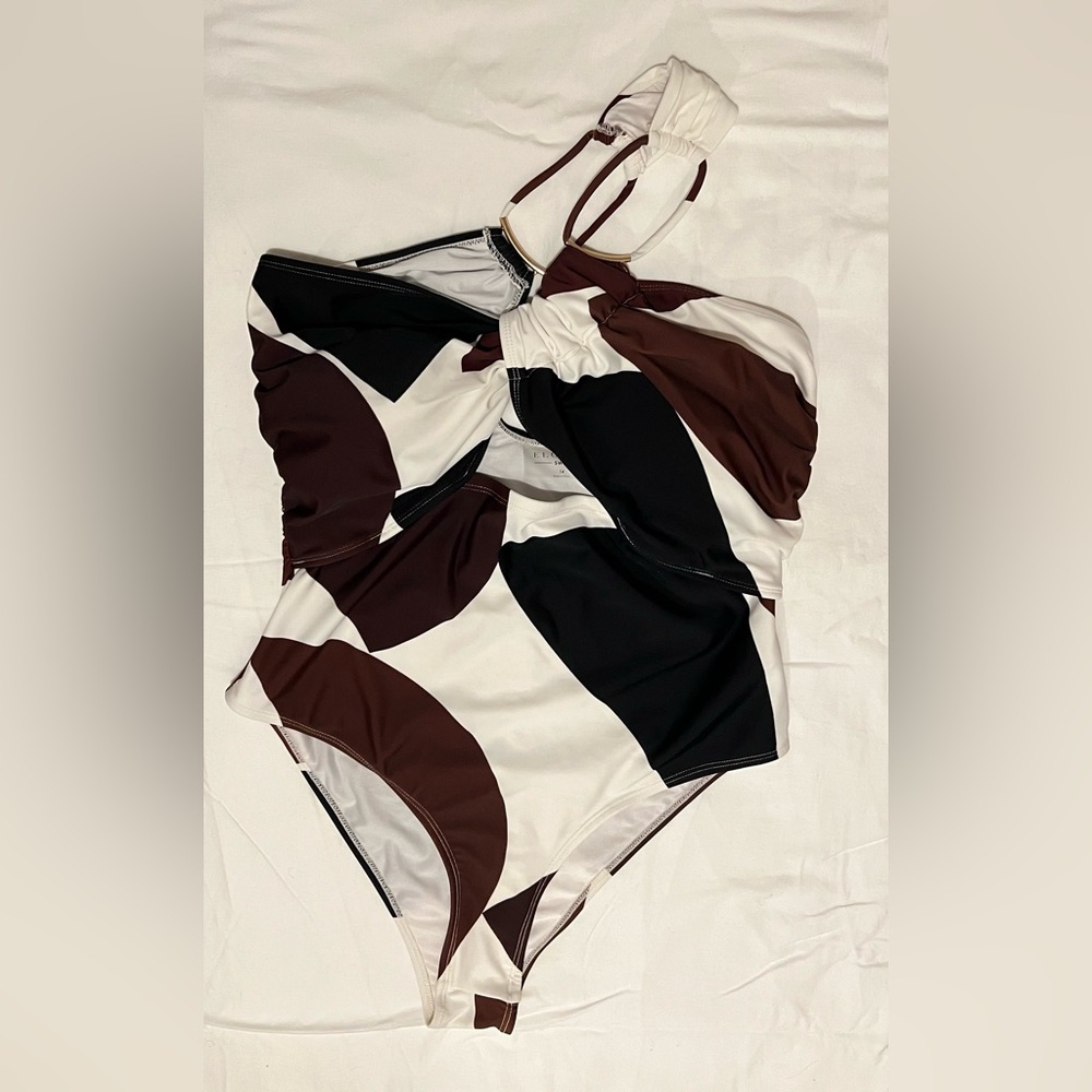 Eloquii One-Shoulder Swimsuit in Black, White, and Brown